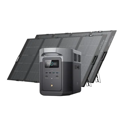 Produktbild von EcoFlow DELTA 2 Max tragbare Powerstation 2048Wh mit 2× 400W leichten Solarpanels, 3000W Max. Ausgangsleistung, bifaziales Design, Schnellladung