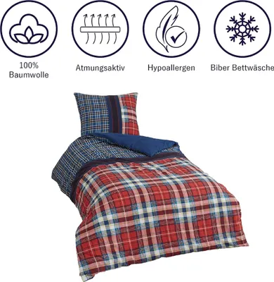 Produktbild von Brielle Flanell Bettwäsche Set aus 100% Baumwolle mit   155 x 220 + 80 x 80 cm Kariert
