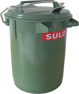 A green plastic trash can with a lid and handle, against a white background.
