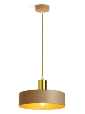 A modern pendant light with a beige shade and gold accents, suspended from a cord.
