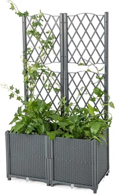 Produktbild von Blumenkasten mit Rankgitter, Rankgitter mit Rattanoptik Pflanzkasten, Pflanzkübel mit Spalier, Hochbeet mit Rankhilfe, Spalier mit Blumentopf für Garten (Grau, 80 x 40 x 140 cm)