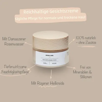 Produktbild von EMIKOCare Gesichtscreme Rose 50ml Pflegende Tag- und Nachtcreme mit Damaszener Rosenblütenwasser, EM-X Gold und EM-X Keramikkugel