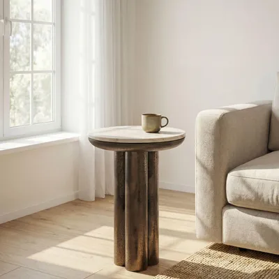 Image de FineBuy : table d'appoint en métal avec plateau en marbre blanc, ronde de 36 cm, table d'appoint en aluminium, table de salon, table basse, table de salon, table de salon, fabriquée à la main