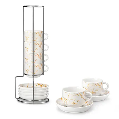Obrázek produktu pro MALACASA 4dílná sada šálků, porcelánová sada, kávový šálek s podšálkem, kovový stojan, 150 ml, bílá