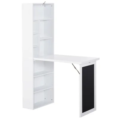Produktbild von HOMCOM Klappbarer Computertisch, Schreibtisch mit Stauraum, hochklappbarer Wandtisch mit Bücherregal, Arbeitsplatz, Kreidetafel und verstellbarer Ablage, Weiß