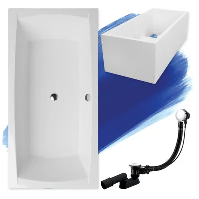 Zdjęcie produktu dla Wanna Akrylowa Zestaw 4w1 Prostokątna 140x70 Biała + Styropianowy Nośnik Stabilizujący, Nowoczesny Syfon i Nogi (stelaż) w komplecie | BADLAND APRI