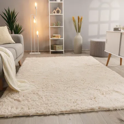 Produktbild von Hochflor Teppich Wohnzimmer Fellteppich Kunstfell Shaggy Flauschig Beige Creme Grösse 60x100 cm