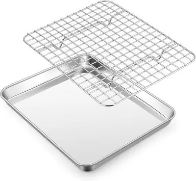 Obrázek produktu pro Plech na pečení s chladicí mřížkou – stříbrná – 26,5 x 20,5 x 2,5 cm – nerezová ocel – pro pečení a chlazení