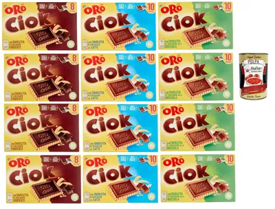 Produktbild von Oro Ciok Biscotto Testpaket, Latte, fondente, nocciola Kekse Mit Schokoladentafel, einfacher und köstlicher Snack, natürliche Faserquelle, 12x 200 g + Italian Gourmet polpa 400g