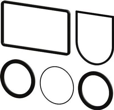 A collection of black rubber gaskets of various shapes and sizes arranged on a white background.