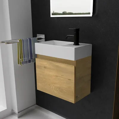 Produktbild von Alpenberger Gäste WC Waschbecken mit Unterschrank 45 cm Breit | Waschtisch Set Klein | Aufsatzwaschbecken Waschtischunterschrank Hängend | Hängeschrank | Waschbeckenunterschrank Eiche Natur
