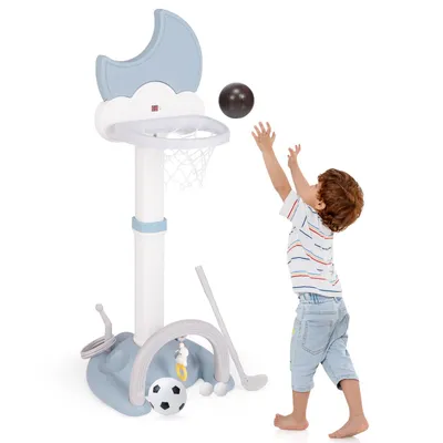 Produktbild von GOPLUS 4 in 1 Kinder Basketballkorb, Basketballständer höhenverstellbar mit mondförmiger elektronischer Anzeigetafel, Ringwurfspiel, Blau