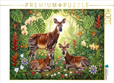 Produktbild von CALVENDO Puzzle Okapis zwischen leuchtenden Blüten ihrer Heimat | 1000 Teile Lege-Größe 64x48cm Foto-Puzzle für glückliche Stunden