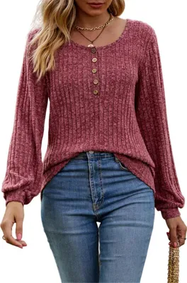 Produktbild von ASKSA Damen Langarmshirt Rundhals Knoepfen Rippstrick Strickpullover Oberteile Tunika Tops Pullover, Weinrot, S