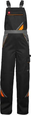 A black pair of work overalls with gray and orange accents, shown front-on against a white background.