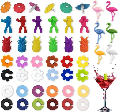 Immagine prodotto di Segnaposto per bicchieri - Set da 48 - Segnaposto in silicone - Ideali per bicchieri - Segnaposto colorati per bicchieri da vino - Segnaposto per bicchieri da vino riutilizzabili