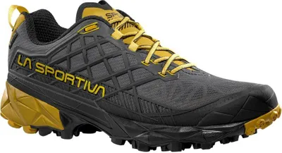 Trailrunning-Schuh "Akyra II Gtx" von La Sportiva in Schwarz und Gelb; mit griffiger Sohle und stabiler Konstruktion.