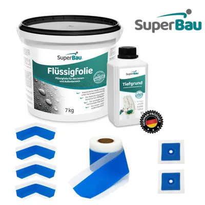 Produktbild von Superbau Dichtset - Flüssigfolie 7 kg, Tiefengrund 1L, Dichtband 10m, 4x Innenecke, 2x Manschette. Innen & Außen, Bad & Dusche, Balkon & Terasse
