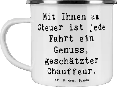 Produktbild von Mr. & Mrs. Panda Emaille Becher Spruch Chauffeur Genussfahrt - Weiß - Geschenk, Dankbarkeit, besonders, Haferl, Danke sagen, Aufmerksamkeit, Pott, Tasse, handgefertigt