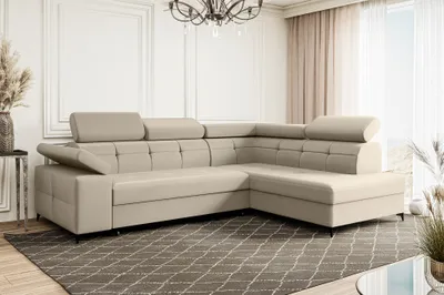 Produktbild von MEBLINI Schlafcouch mit Bettkasten - Ecksofa mit Schlaffunktion - Sofa mit Relaxfunktion und Kopfstützen - Couch L-Form - Eckcouch - Wohnlandschaft - BERGAMO - 274x203x83cm Rechts - Beige Samt