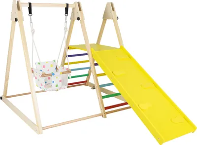 Immagine prodotto di COSTWAY 4 in 1 Struttura per arrampicata da interno, parco giochi con altalena per bambini, piattaforma di riposo, rampa e scala per arrampicata, set per arrampicata, triangolo di arrampicata in legno per bambini 1+