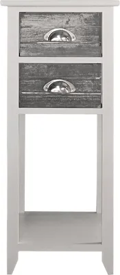 A narrow side table with two drawers and a lower shelf, presented against a white background.