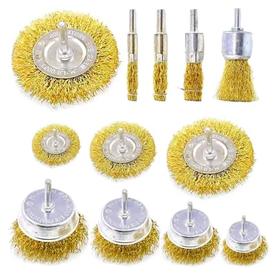 Produktbild von Drahtbürsten-Set für Bohrmaschine – 12-teiliges Set mit messingbeschichteten Topf- und Rundbürsten – Rost- und Farbentfernung – 1/4 Zoll Sechskantschaft