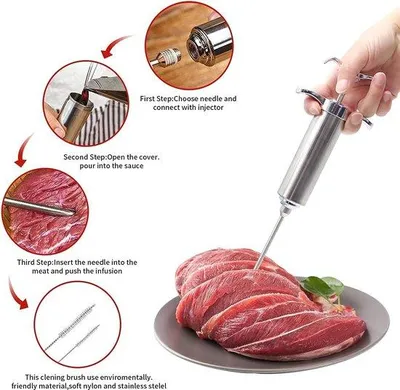 Produktbild von Unyqoos® Marinaden-Spritze 60 ml – Fleischspritze mit 3 Nadeln (2×14–14,5 cm, 1×11 cm), 304 Edelstahl & Zinklegierung, BBQ-Injektor, inkl. Reinigungsbürsten