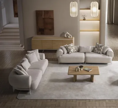 Immagine prodotto di Set di divani in tessuto beige con struttura in legno, moderno ed elegante