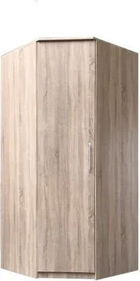 A corner wardrobe with a wood grain finish.