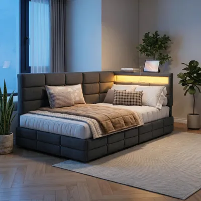 Produktbild von INONEFT Schlafsofa Polsterbett 90x200cm mit LED & USB,Daybett mit 2 Schubladen,Bettgestell mit Lattenrost/Stauraum,Leinen grau,Ohne Matratze