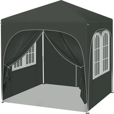 A dark gray gazebo with white trim and arched windows.