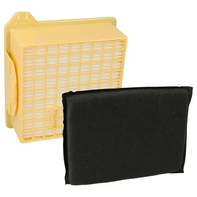 A yellow filter housing and a black filter are shown on a white background.