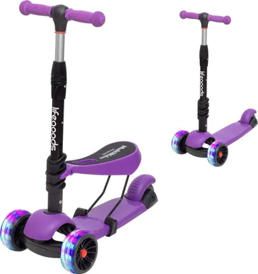 Produktbild von LifeGoods MultiRider Kinderroller - Roller 3-8 Jahre - Höhenverstellbarer Sitz - Leuchtende LED-Räder - Jungen/Mädchen - Lila