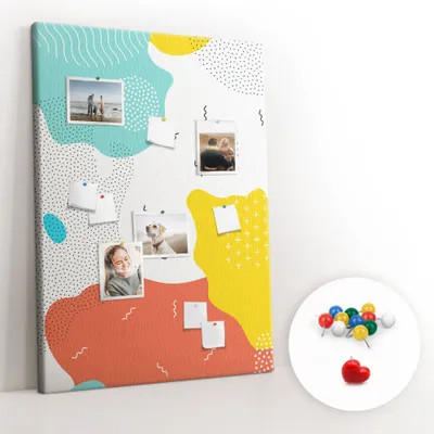 Obrázek produktu pro Korková nástěnka s kolíčky - Tabule s kolíky pro fotografie a poznámky - 100x140 cm - Připínáčky barevné 100 kusů - Abstraktní čmáranice