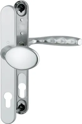 A close-up studio shot of a silver door handle set with two keyholes.