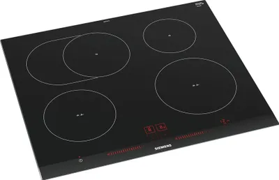 A black induction hob with four cooking zones and a digital control panel.