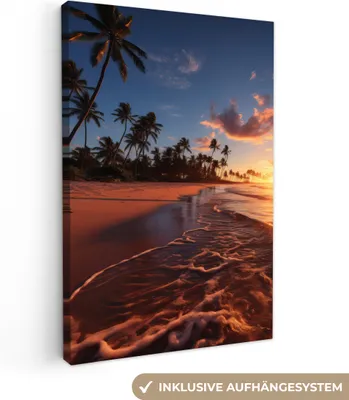 Produktbild von MuchoWow® - Leinwandbilder - Sonnenuntergang - Meer - Horizont - Strand - Palmen, Wandbild, Wanddeko Bilder Wohnzimmer, 80x120 cm