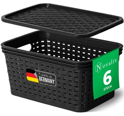 Produktbild von Novaliv 6er Set Aufbewahrungsboxen mit Deckel Mini 2L Korb Schwarz in Rattan Design Lebensmittelecht Aufbewahrungskorb Stapelboxen Nestbar Kunststoff BPA-frei Kiste Verstaubboxen mit Deckel