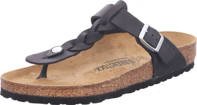 A single black Birkenstock sandal is shown from a side-angle on a white background.