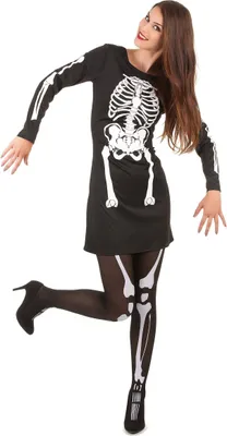 A woman is posing in a skeleton costume.
