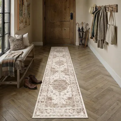 Productafbeelding van Läufer, 60x240 cm, bruin, korte pool, wasbaar, antislip, vintage design, motief