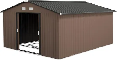 Obrázek produktu pro Přístřešek na nářadí 12,4 m², zahradní domek s pultovou střechou, posuvné dveře, základ, 340 x 386 x 200 cm, kolna na nářadí z pozinkované oceli, odolná proti povětrnostním vlivům, na zahradu, hnědá