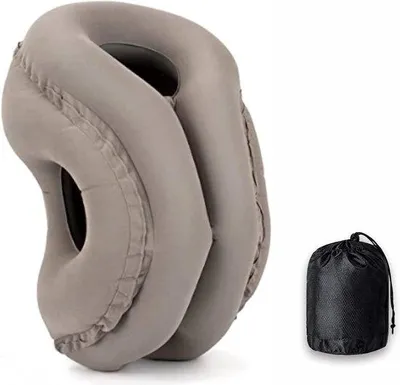Immagine prodotto di Cuscino da viaggio gonfiabile Unyqoos® per aereo, auto e treno – Supporto ergonomico per collo e testa a 45°, in PVC, leggero, grigio