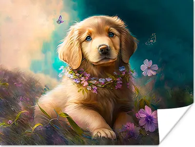 Produktbild von MuchoWow® Poster Welpe - Blumenkranz - Schmetterling - Hund - Golden Retriever 80x60 cm - Kunst für zu Hause
