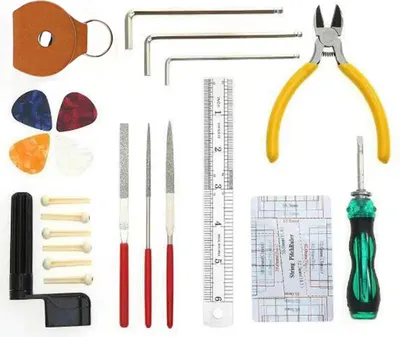 Obrázek produktu pro 23dílná sada nářadí na kytaru – sada pro opravy a seřizování kytar s trsátky, pravítkem na struny a klíčem na kytaru, ukulele a baskytaru