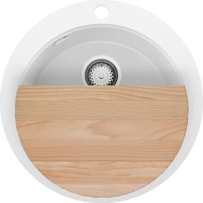 Produktbild von PRIMAGRAN Spülbecken Rund Weiß 53x53cm, Granitspüle 1 Becken + Ablauf-Set + Schneidebrett, Küchenspüle ab 50er Unterschrank - Pisa Max