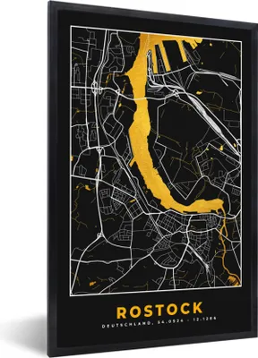 Produktbild von MuchoWow® Gerahmtes Poster Rostock - Stadtplan - Gold - Karte - Deutschland 60x90 cm - Poster mit Schwarzem Bilderrahmen Wandposter Rahmen Foto Bilder - Kunst