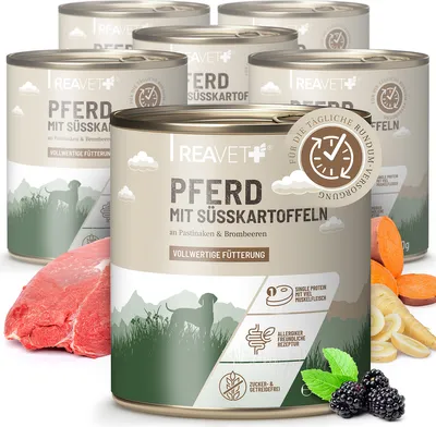 Produktbild von REAVET Premium Hunde Nassfutter - Pferd an Süßkartoffeln & Brombeeren 6 x 800g I mit hohem Fleischanteil & viel Muskelfleisch, Getreidefrei, Hundefutter nass, ohne Zucker