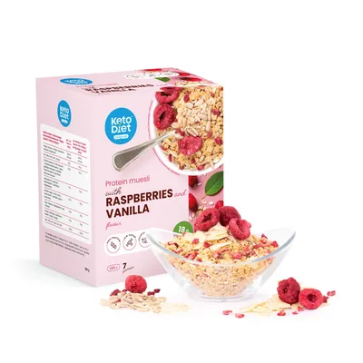 Produktbild von Protein-Müsli mit Himbeeren und Vanillegeschmack, mit hohem Eiweißgehalt (7 Portionen)